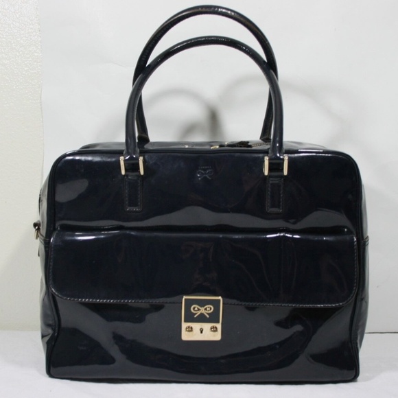ANYA HINDMARCH PATENT LEATHER CARKER HANDBAG ZIP TOP BAG BOXY SATCHEL - Picture 2 of 8